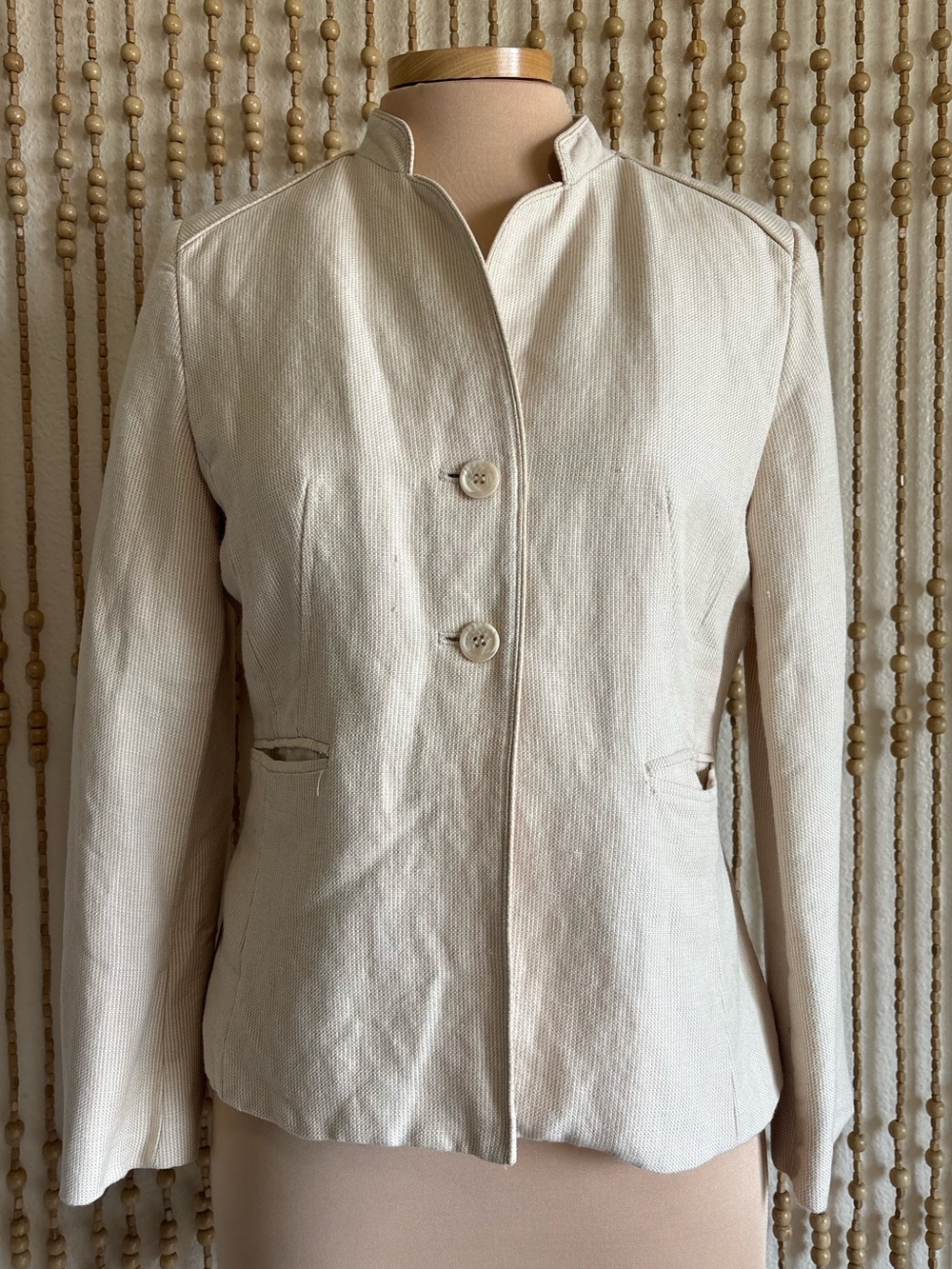 Ivory Linen Button Down Long Sleeve Blazer Contemporary Business Casual Blazer